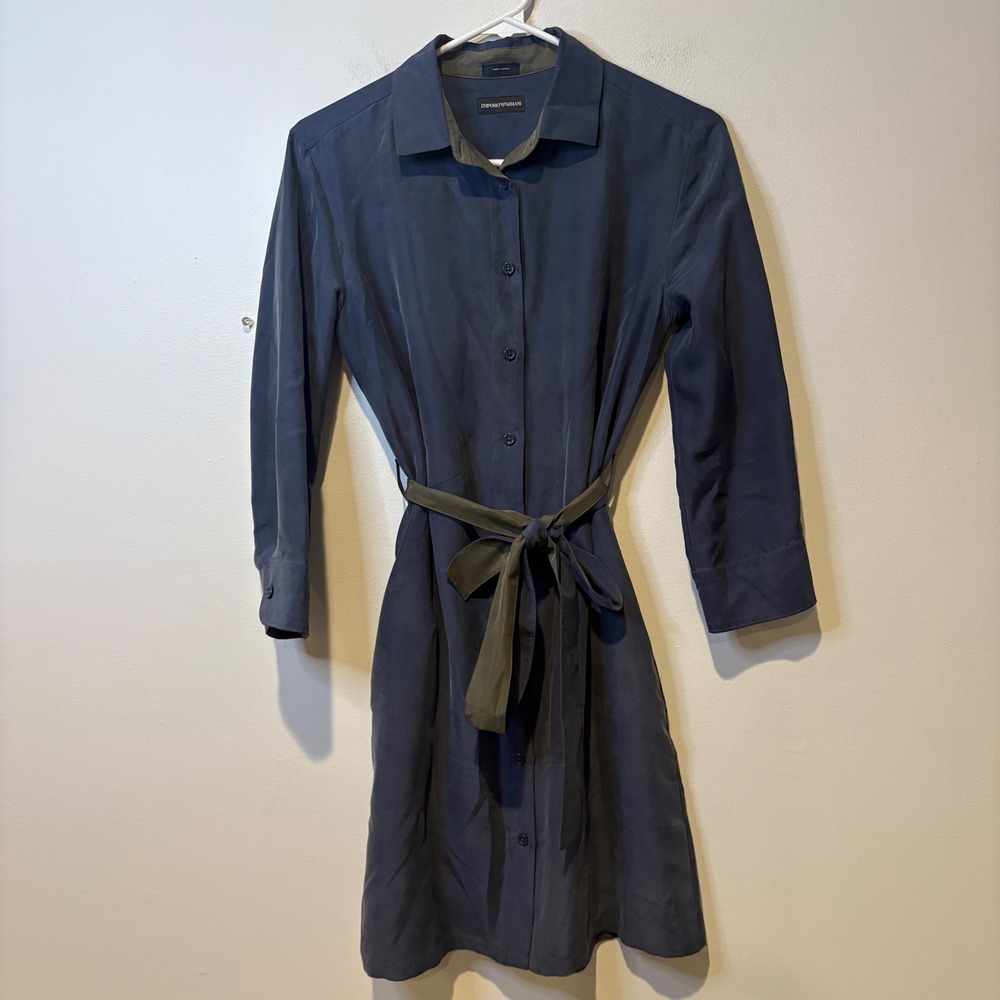 Emporio Armani 100% Silk Womens Shirt Dress Sz 36 Blue Green Button Front Belted